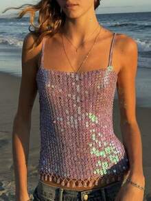 Women Sequins Knit Crochet Vest Tank Cami Crop Top Rave Party Club Tops - Blue - View 2