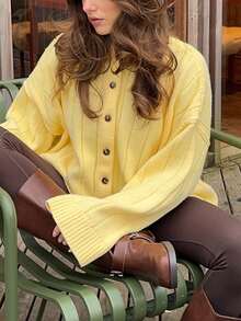 1pc Women Solid Color Versatile & Comfortable Knit Cardigan Sweater, Loose Fit, Long Sleeve - 黃色 - 查看 1