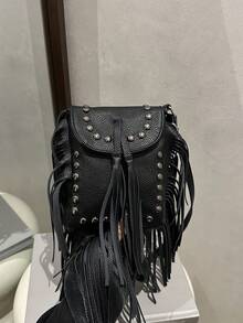 复古仿麂皮流苏单肩包，高品质小方形斜挎包