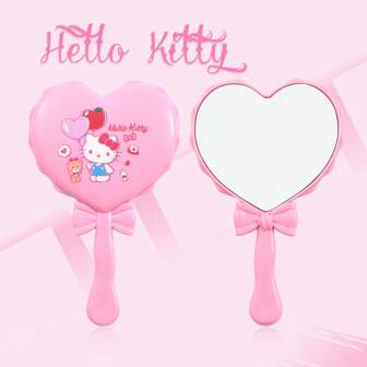 Sanrio 1 Piece Of Hello Kitty Love Hand-Held Mirror Portable Cartoon Cute Cat Makeup Mirror Creative Pink Bow Hand-Held Mirror