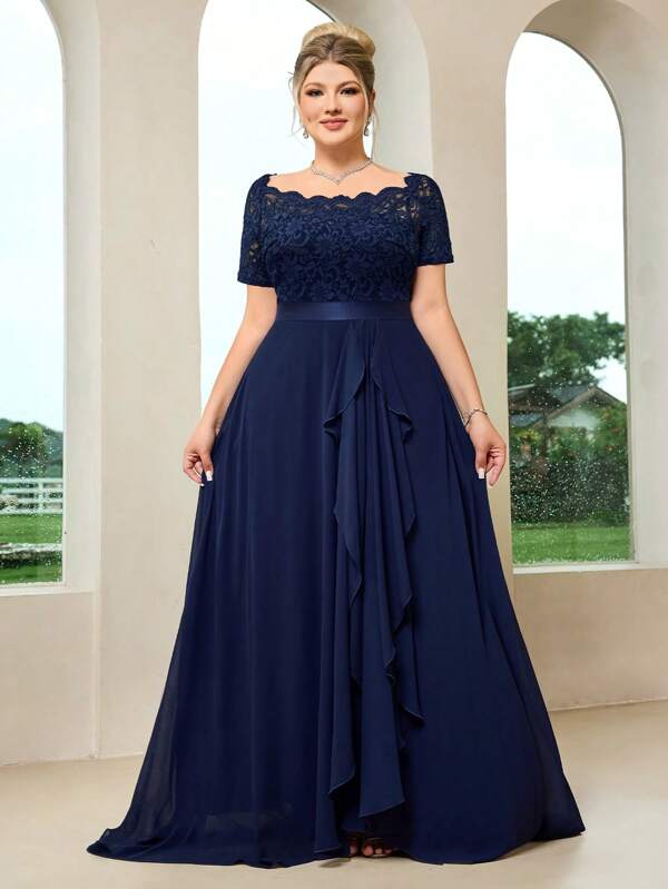 Vestido maxi elegante de fiesta formal con cuello de barco, encaje floral, volantes de contraste y dobladillo de gasa, para graduación, cena, boda, fiesta de bienvenida o baile de graduación