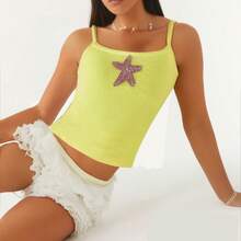 Women Y2k Starfish Cami Top Rhinestone Printed Crop Tank Tops Slim Fitted Knit Going Out Summer Beach Sleeveless Shirts Vest - Yellow - View 4