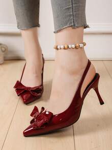 JABOOLINX Giày sandal quai thanh lịch phong cách Pháp cổ điển có trang trí nơ, giày cao gót mũi nhọn, giày sandal xỏ ngón sang trọng cho mùa xuân/hè, phù hợp với váy và đi làm - Đỏ - Xem 3