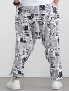 بنطلون هاريم فضفاض بطباعة صحيفة قديمة للرجال، بنطلون طويل كاجوال للارتداء اليومي، الرياضة، عطلة الشاطئ، الخريف