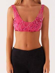 Womens Sequin Beaded Sparkle Cami Tank Tops Bralette Tops Y2k Scoop Neck Tank Top Open Back Wide Strap Crop Tops Rhinestone Glitter Going Out Vest Tops Beach Streetwear Aesthetic Clothes - 玫紅色 - 查看 2