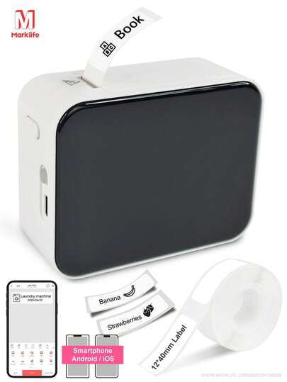  Marklife P15 白色标签打印机，包含标签带、标签打印机礼盒套装、标签打印机和标签纸，适用于瓶子、衣服、罐子、家居、厨房、姓名标签等。