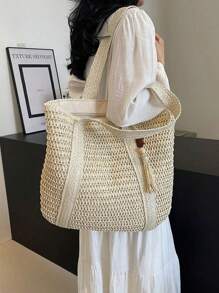 1pc New Fashionable Versatile Tote Bag, Beach Vacation Bag, New Arrival Fashionable Woven Beach Tote Bag, Lightweight Elegant Design, Women's New Straw Woven Handbag, Fashionable And Versatile Large Capacity Tote Bag, Handbag, Large Capacity, Suitable For Women, College Students, Teenagers, With Tassel Pendant, Summer Straw Beach Bag For Women,