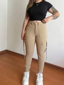 Quần denim cargo bó sát màu trơn phong cách Y2K dành cho nữ, mùa thu - Màu be - Xem 4