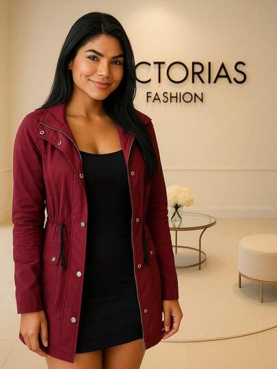 Parka Casaco Feminina Bengaline com Cordão, Bolsos e Botões