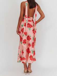 Women's Summer Halter Long Dress Floral Print Backless Slim Fit Dress For Beach, Party - Pink - View 6