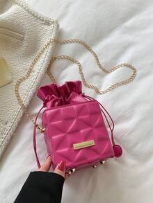 Drawstring Closure Square Mini Chain Shoulder Bag - Hot Pink - View 11