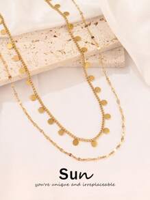 1pc Stainless Steel Round Tassel Pendant Necklace For Women Fashion Gold Color Double Layers Chain Necklace Jewelry Gift