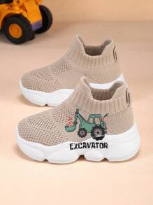 2025 New Cute Excavator Print Children & Teen Casual Fashionable Shock Absorbing Anti-Slip Breathable Lightweight Slip-On Outdoor/Indoor Walking Running Sports Sneakers