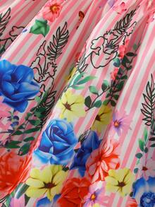 2pcs Young Girls Summer Outfit: Floral & Stripe Print Flutter Sleeve Button Decor Top And Floral Printed + Solid Color Sleeveless A-Line Skirt Set - Pink - View 9