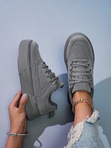 (尺码偏小) 女士简约时尚灰色百搭休闲户外平底运动鞋个性化日常流行校园旅行情侣舒适运动鞋 - 灰色 - 查看 9