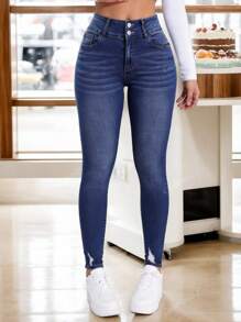 Jeans Ajustados De Mezclilla Mujer Tiro Alto Dama, Diseño con múltiples botones, Tipo Skinny, Super stretch algodon slim fit pantalon mezclilla jean denim, Jeans Rasgados de Mezclilla Azul para Mujer, dos botones, Cintura Alta, Look Moderno que Favorece tu Silueta
