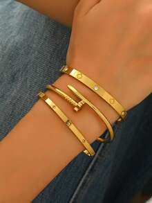 1/3 件时尚 18K 镀金不锈钢四叶草指甲手链，适合女士聚会和日常佩戴，欧美风格，个性、优雅、奢华的方晶锆石腕带，婚礼首饰套装 - 金色 - 查看 12