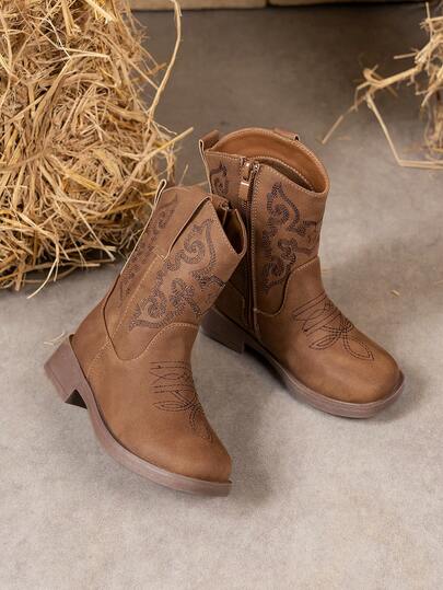 1 Pair Classic Embroidered Fashion All Season Children Boots, Everyday And Vacation Wear, Low Heel Mid-Calf Girls Boots