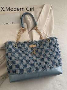 Denim Tote Bag For Women, 2020-2025 New Fashion Large Capacity One Shoulder Bag, Casual Commuter Bag With Frayed Edges