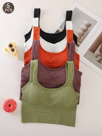 5pcs/Set Women's Camisole Crop Top With Padded Sports Bra, Daily Wear