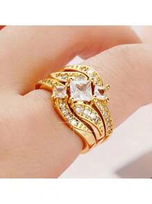 Set de 3 anillos de moda exquisitos de color dorado - Regalo de aniversario, conjunto de joyería nupcial, de compromiso y de boda