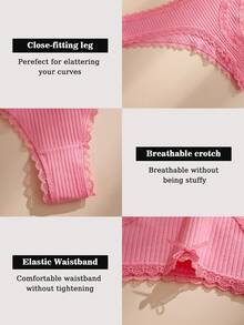 7pcs/Pack Women's Solid Color Thin Lace Patchwork Cotton Thong Panties With Cute Bow, Stretchy & Soft Comfortable Ladies Underwear - Multicolor - View 8