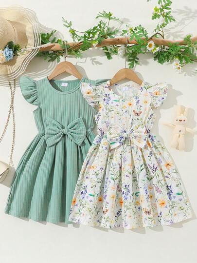 2pcs Young Girl Casual Floral Print And Solid Color Elegant Dress, Round Neckline Ruffle Sleeve, Summer Fashion Dress