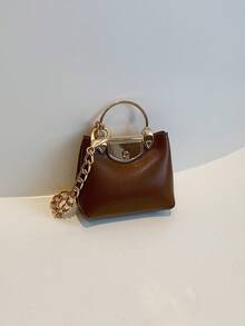 新款女士 PU 皮革铂金迷你吊坠包时尚百搭钥匙扣迷你小包迷你包吊坠链迷你手提包钥匙链吊坠收纳 - 咖啡棕 - 查看 4