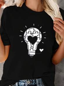 Women's 180g Black Cotton Crew Neck Short Sleeve Graphic T-Shirt With Puzzle Pattern Light Bulb And Heart Print - Stylish Casual For Everyday Wear, Soft Breathable Fabric,  Summer Outfit, Perfect Gift Idea For Creative Minds And Art Lovers - 黑色 - 查看 1
