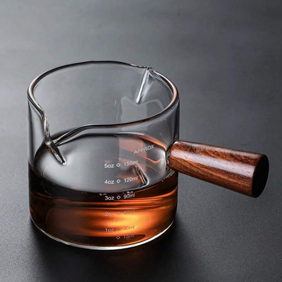 Taza medidora de Espresso de vidrio con mango de madera, jarra de leche de boca doble/única, suministros de café, taza medidora de cocina transparente resistente al calor - T1 - Ver 1