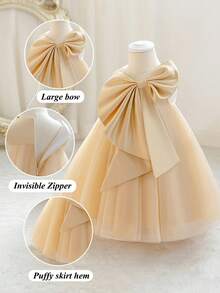 Baby Girls Gold Bow Christmas Party Dress, Elegant Princess Tulle Gown, Suitable For 1st Birthday, Wedding, Banquet, Holiday Celebration - Khaki - View 4