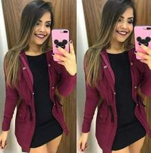 Parka Coat In Bengaline Simple Casual Button Pocket Drawstring - Color caoba - Ver 2