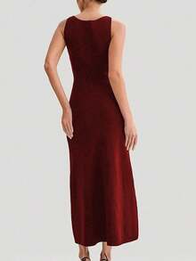 优雅女士针织罗纹长裙，高腰修身无袖时尚派对连衣裙，前襟纽扣设计，适合春、夏、秋季，休闲、派对、校园、街头风格皆宜，尽显高贵典雅气质。 - 酒紅色 - 查看 3