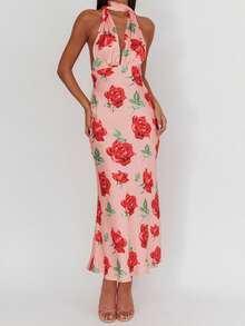 Women's Summer Halter Long Dress Floral Print Backless Slim Fit Dress For Beach, Party - Pink - View 2