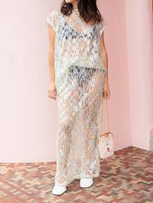 Women's 2 Piece Skirt Outfits Cap Sleeve Sheer Sequins Flower Tops Long Skirt Set - trắng - Xem 8