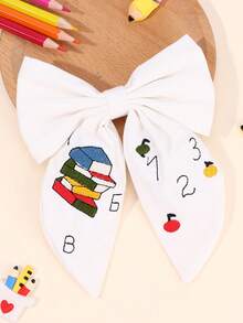 1 pieza Pinza de pelo con lazo bordado para niñas de vuelta al colegio con números de libros y letras de lápices, accesorios educativos para el cabello en el aula, pasadores de pelo académicos para niñas y adolescentes, lazos con alfabeto y matemáticas para la temporada escolar - Multicolor - Ver 1