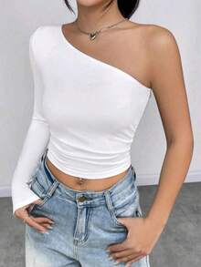 Women's Cropped Top T-Shirt Blouse With One-Shoulder Neckline Suplex Fabric Ideal For Going Out On Casual Romantic Elegant And Sophisticated Dates - 白色 - 查看 2
