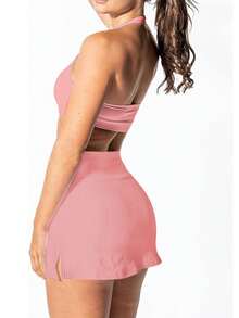 1 件女式运动迷你裙，高腰户外运动网球裙，紧身修身时尚罩衫 - 粉色 - 查看 5