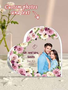 1件定制照片心形亚克力牌匾，个性化情侣照片爱情装饰，定制文字雕刻情侣照片牌匾，定制照片心形个性化装饰，桌面装饰亚克力心形摆件，独特照片纪念品，家居装饰，适用于家庭和办公室装饰，共有5种款式可供选择