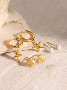 Ensemble exquis de 3 paires de boucles d'oreilles à tige coquille et étoile de mer. Boucles d'oreilles empilables, accessoires de femme, cadeau de fête