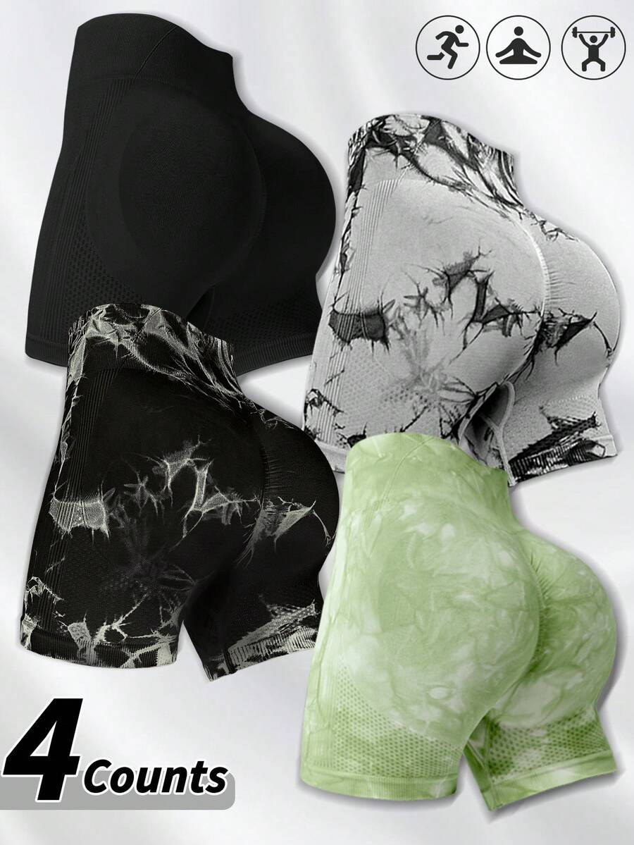 Bộ 4 quần short yoga nữ không đường may, nhuộm màu tie-dye, đa năng cho leo núi ngoài trời, mặc hàng ngày, tập gym, tập thể dục, thể thao mùa hè. - Nhiều màu - Xem 1