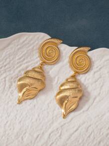 1 Pair Gold Metal Sea Shell Earrings, Vintage Style Fashion Jewelry For Women, Summer Beach