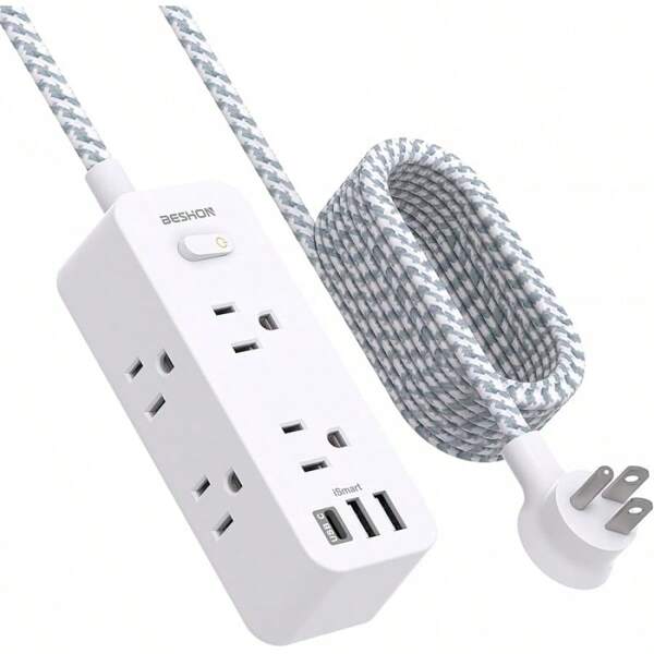 Power Strip Surge Protector, BESHON 5Ft Extension Cord, 6 Outlets With 3 USB Ports(1 USB C Outlet), 3-Side Outlet Extender, Wall Mount, Compact Travel, Home, School, College Dorm Room And Office