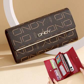 ONDY Portefeuille long classique pour femmes avec imprimé de lettres et porte-téléphone/pièces/espèces haut de gamme et élégant, porte-monnaie à bouton pression de couleur café, porte-cartes de crédit avec fentes pour cartes multiples, convenant aux femmes d'affaires, jeunes filles et dames de bureau