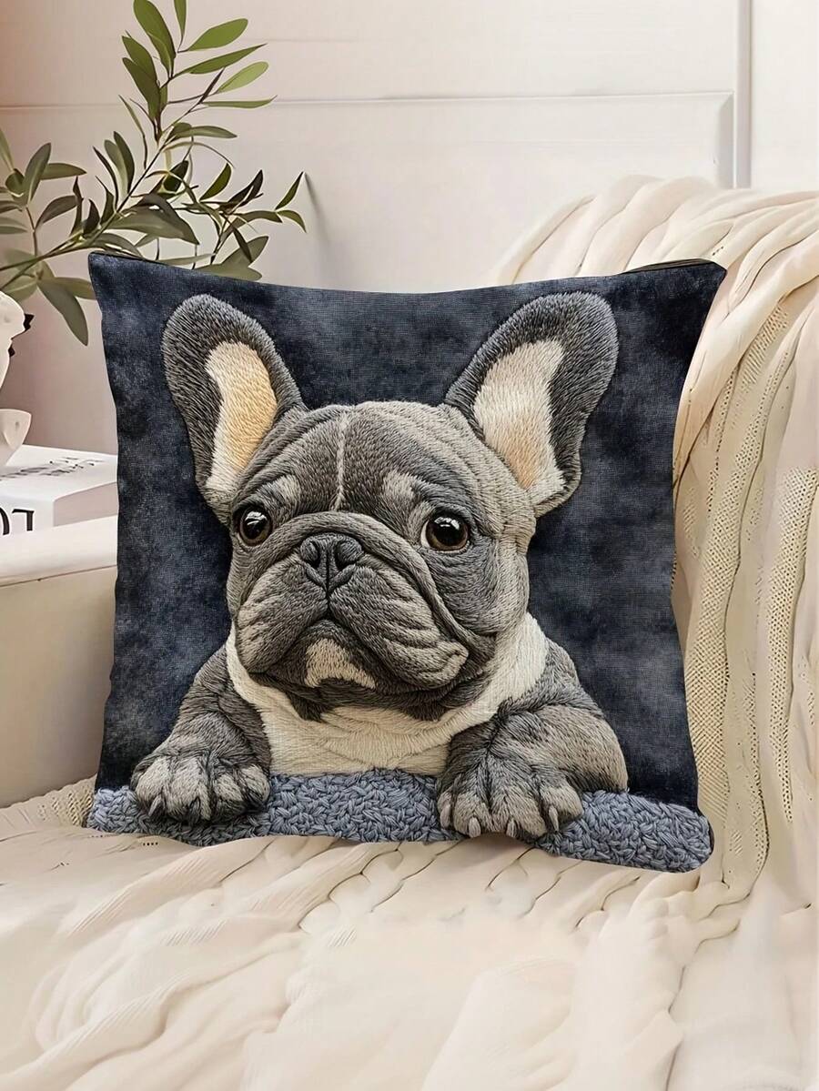 1/2/4pcs Vintage French Bulldog Pattern Throw Pillow Covers, 17.7x17.7 Inches, Single-Sided Print, 100% Polyester, Machine Washable, Zipper Closure, Woven Decorative Pillow Covers, Suitable For Various Room Types, Autumn Decor, Room Decor - Black - View 1