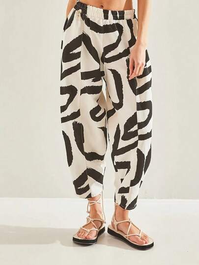 BIANCO LUCCI Women's Casual Baggy Wide Leg Pants With Floral Herringbone Pattern, Elastic Waist And DrawstringLinen Trousers
