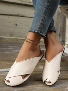 New Ladies Cross-Strap Flat Casual Versatile Black Comfortable Slippers, Solid Color Simple Elegant Ladies Flat Sandals For Dating