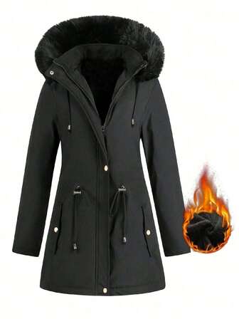 1 st plus size damjacka med huva, enfärgad varm parkas för utomhusbruk, åtsnören midja, fickor, tjockt termofoder, lämplig för dagliga utflykter, mångsidig parkas med dragkedja