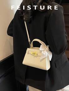 1pc FEISTURE Woman Handbag With Scarf Decor, PU Material Magnetic Closure Small Square Bag, Suitable For Daily, Dating, And Commuting - White - View 5