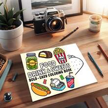 [Compre 2 libros y obtenga 1 tablero de dibujo gratis] Alimentos, bebidas y dulces: libro para colorear para adultos, audaz y fácil, diseños simples y grandes para relajación con una variedad de alimentos, bebidas, postres y frutas (audaz y fácil de colorear), el diseño es exquisito y las líneas son claras, libro ilustrado, de vuelta a la escuela, útiles escolares - Ver 5